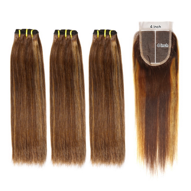 Piano Color #4/27 Double Drawn Virgin Human Hair Straight Bundles With 4x4 Lace Closure - 图片 2